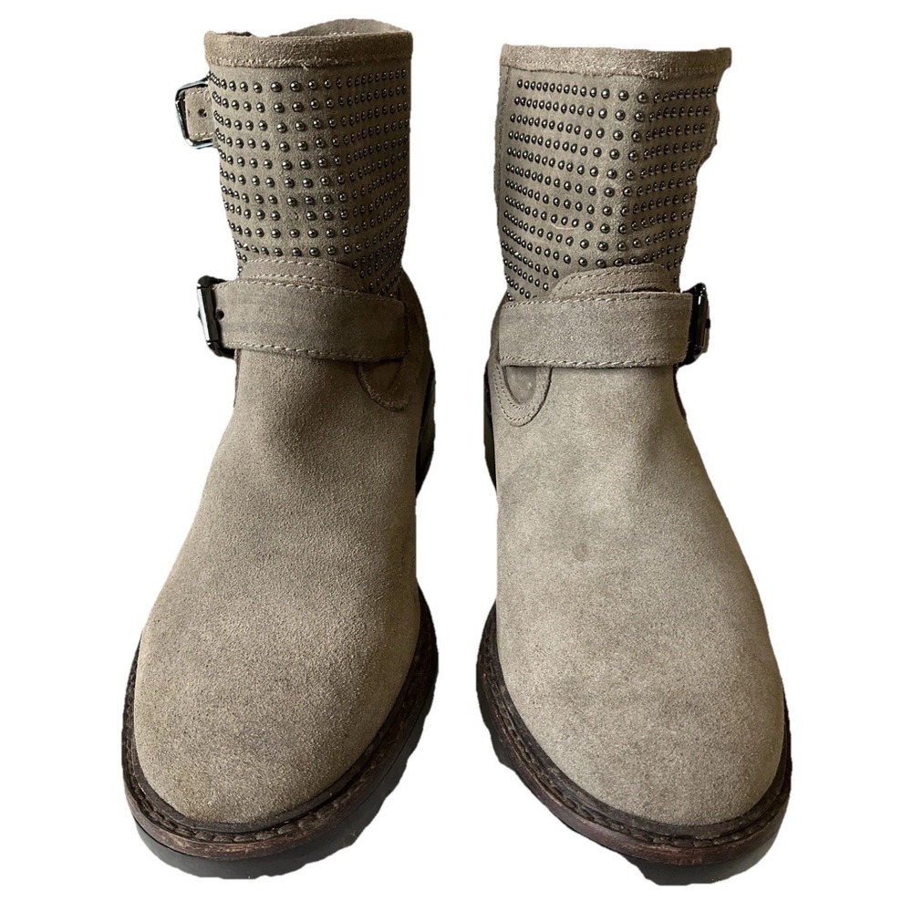 Coach Gates Women's Studded Taupe Gray Suede‎ Moto Combat Buckle Ankle Boots 6B - Picture 4 of 12
